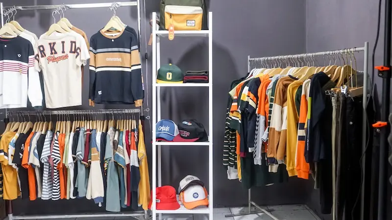 Pajangan pakaian pada beberapa rak gantung di studio berdinding gelap, dengan topi dan tas pada rak tengah.